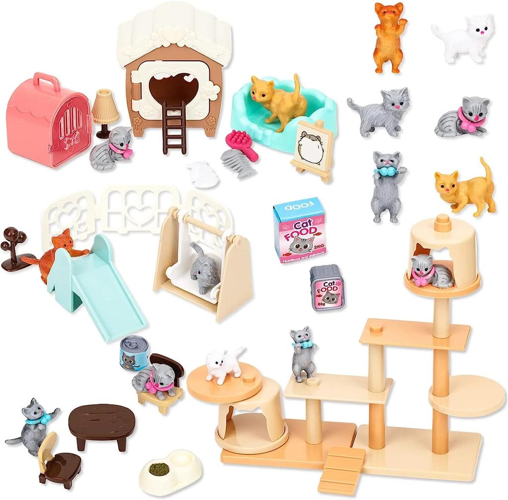 Cat Toys Pretend Play Cat Figures Playset Toy Interactive Kitten Role Play Set Realistic Cats Care Center For Girls Boys Birthda