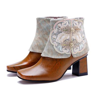 Handgefertigte Echtleder Kurzstiefel Ethno-Stil Seitenreißverschluss Dicke Ferse Damenstiefel