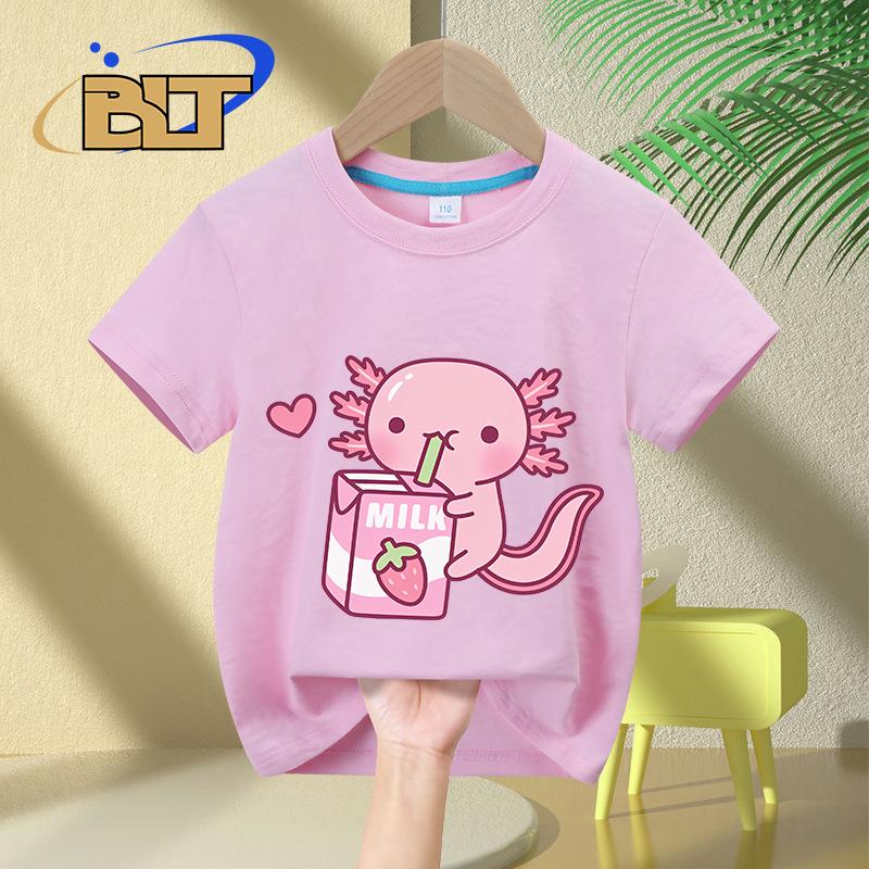 Cute Axolotl Loves Strawberry Milk Doodle printed kids T-shirt summer pure cotton short-sleeved casual tops for boys and girls