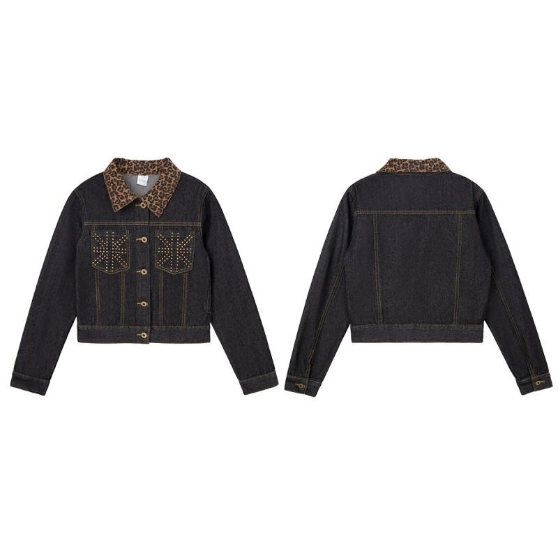 Womens Short Denim Jacket With Leopard Collar Rivet Pockets Streetwear Chic Oversized Fit