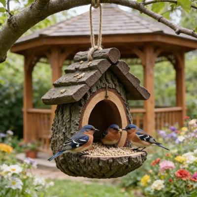 Hängende Hütte Vogelfutterhaus Harz Baumhausform Vogelfutterhaus Wetterfestes Außen-Vogelhaus mit Futterschale für Garten-Terrassen-Dekor