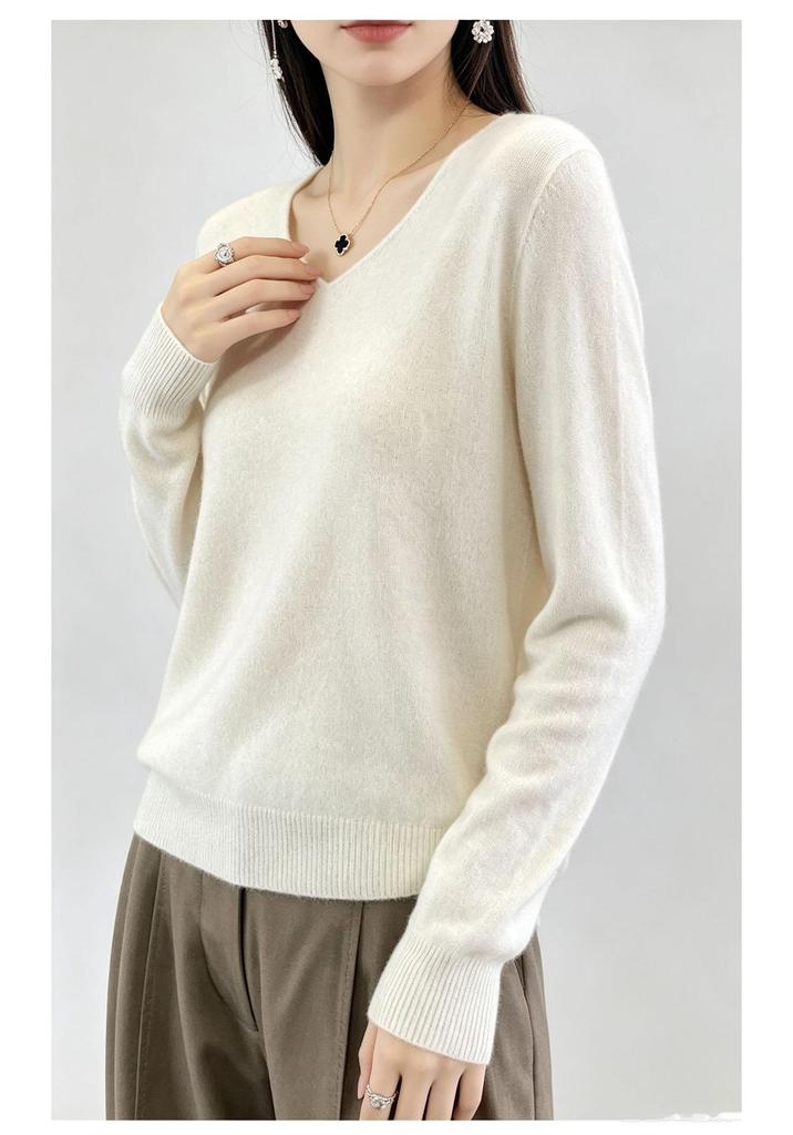 Women's 100% Pure Wool V-Neck Loose Knit Sweater - Solid Color Autumn/Winter Basic Layer