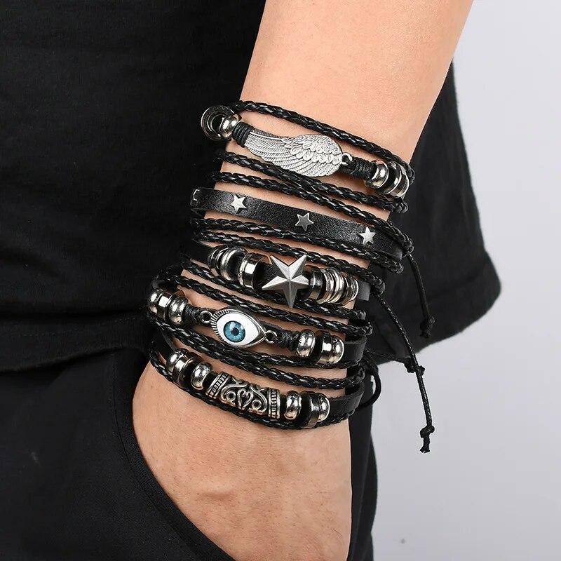 5pcs Evil Eye Wing Star Diy Braided Punk Style Bracelet Set Featuring Pu Leather And Beads