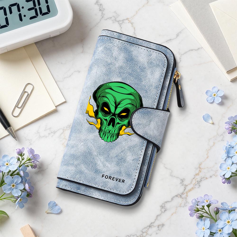 Gothic Green Skull Print Long Wallet