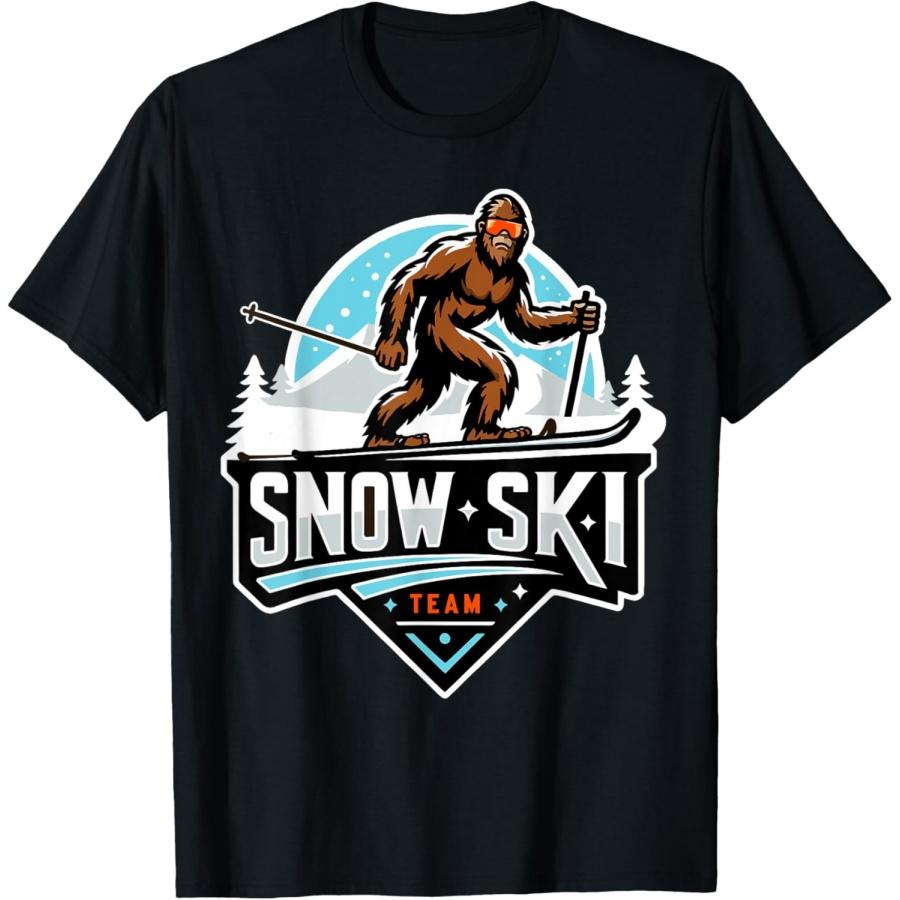 

Sasquatch Snow Ski Team Snow Skiing Bigfoot Cartoon Graphic T-Shirt S