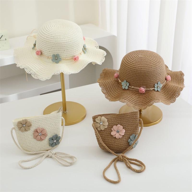 2025 Children's Summer Straw Hat & Crossbody Bag Set: Girls' Fashion, Parent-Child Fisherman Style, Wide Brim Sun Hat.