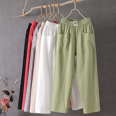 Linen Wide Women's Capris Summer Loose Large Size Elastic Waist Slim Fit Casual Pants Harajuku Style Versatile Trousers
