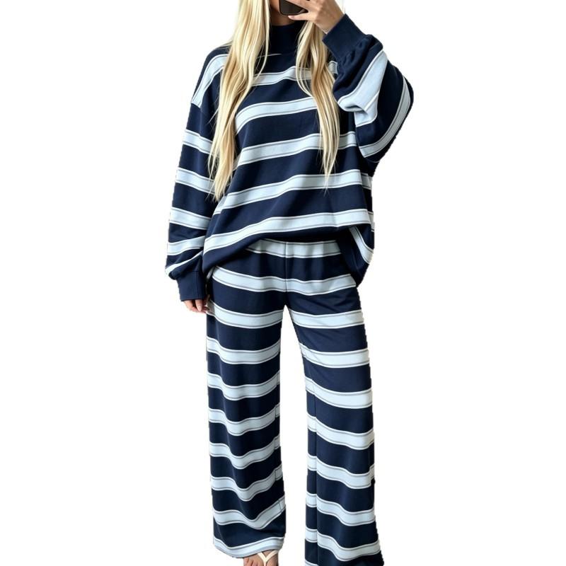 2026 Womens Striped Print Casual Two-Piece Set Long Sleeve T-Shirt Pants Comfort Fit Korean Style