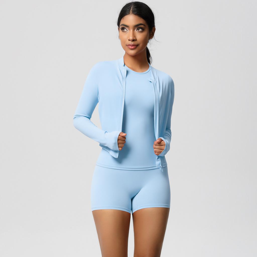 Naked Cardigan Jacket Round Neck Short Sleeved Three Piece Casual Yoga Running Fitness Suit Set For Women