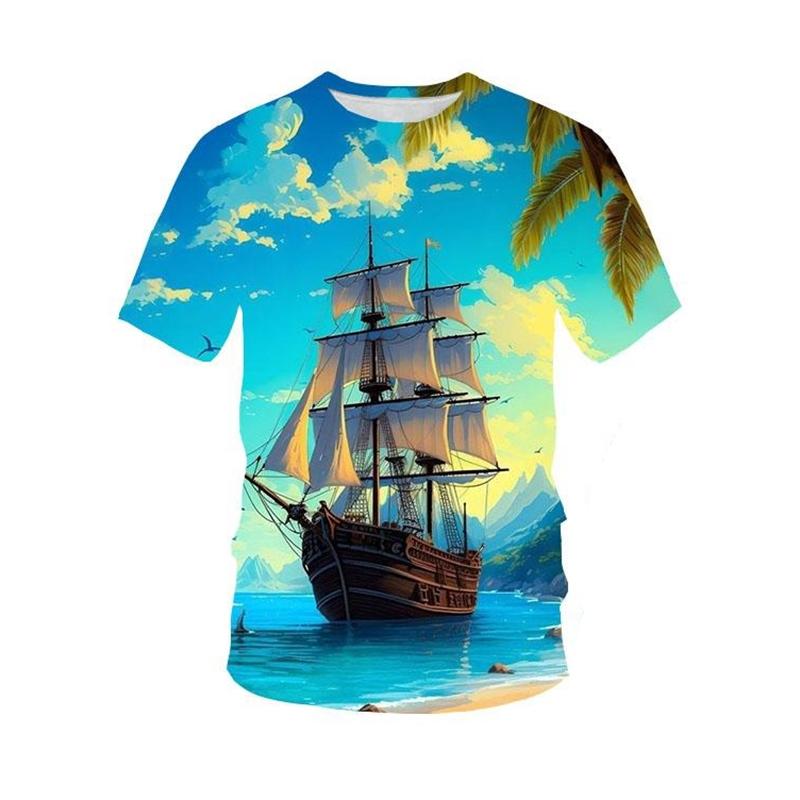 3d Print Sailing Sailboat Graphic Short Sleeve T-shirt For Men Cool Novel Design Harajuku Street Loose Trend Summer Tee Shirts