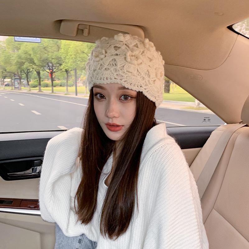 Handmade Crochet Knit Beanie Hat for Women Girls Hook Flower Hollow Caps for Vacation Party Daily Elegant Beanies