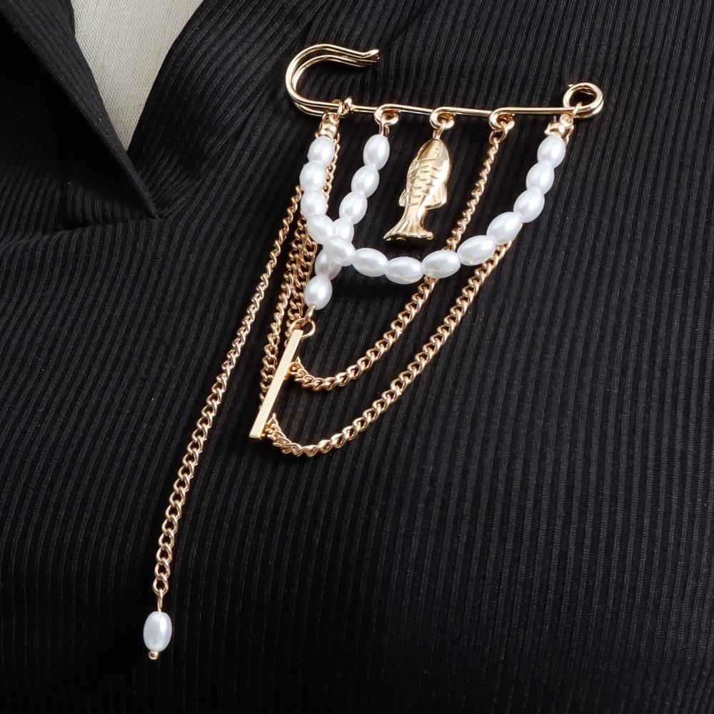 Retro Luxury Gold Color Tree of Life Fish Pendant Pearl Metal Chain Tassel Brooch for Men Women Pin Corsage Jewelry Accessories