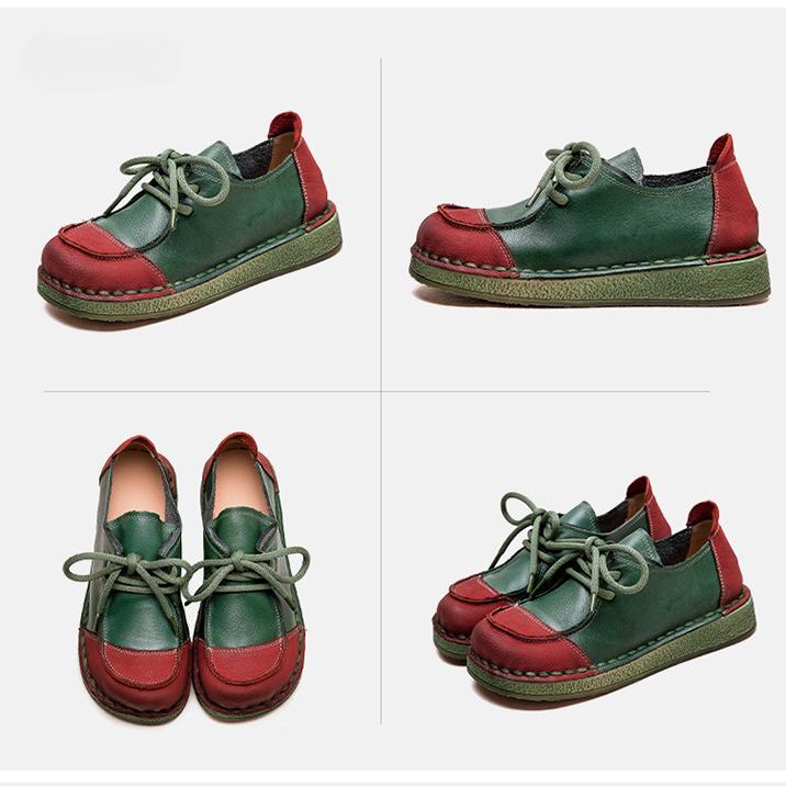 Johnature Chaussures à lacets rétro en cuir véritable polyvalentes, couleurs mélangées, semelle souple, chaussures confortables pour femmes