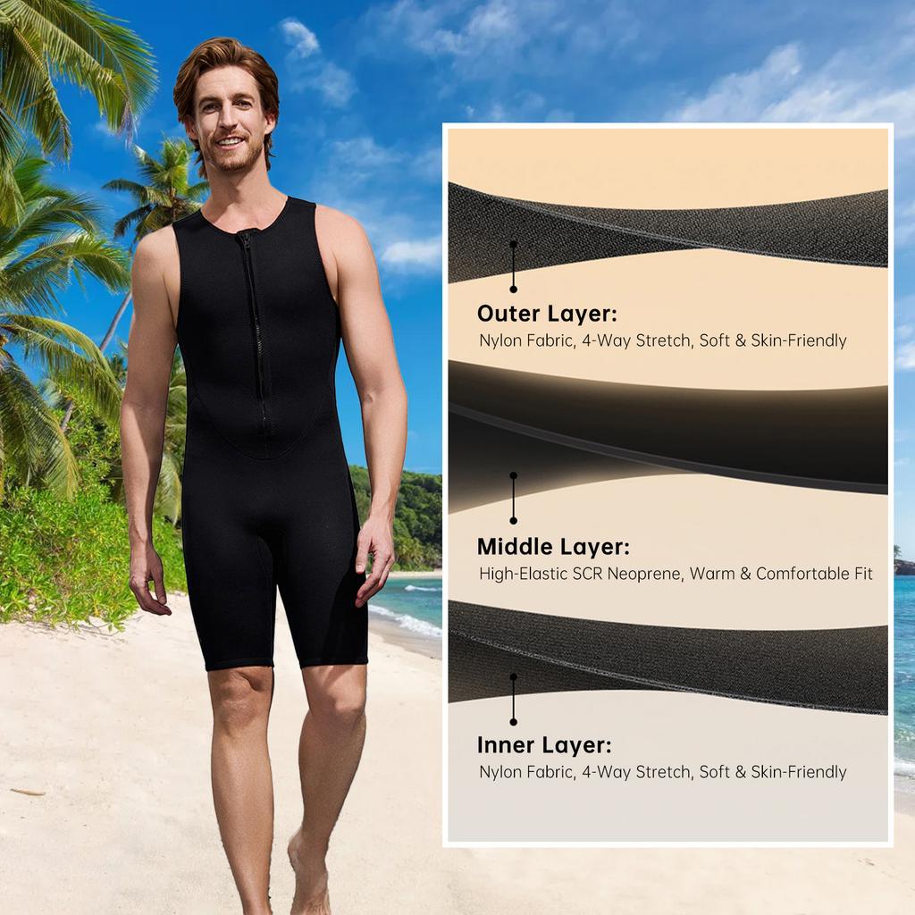 2MM Short Sleeveless Wetsuit Front Zip Diving Suit for Men Swimming Snorkeling Surfing Water Sports