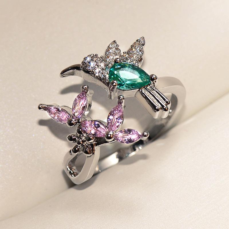 European Creative Bird Flower Opening Rings for Women Unique Chic Inlaid Pink Green Zircon Adjustable Rings Jewelry gift
