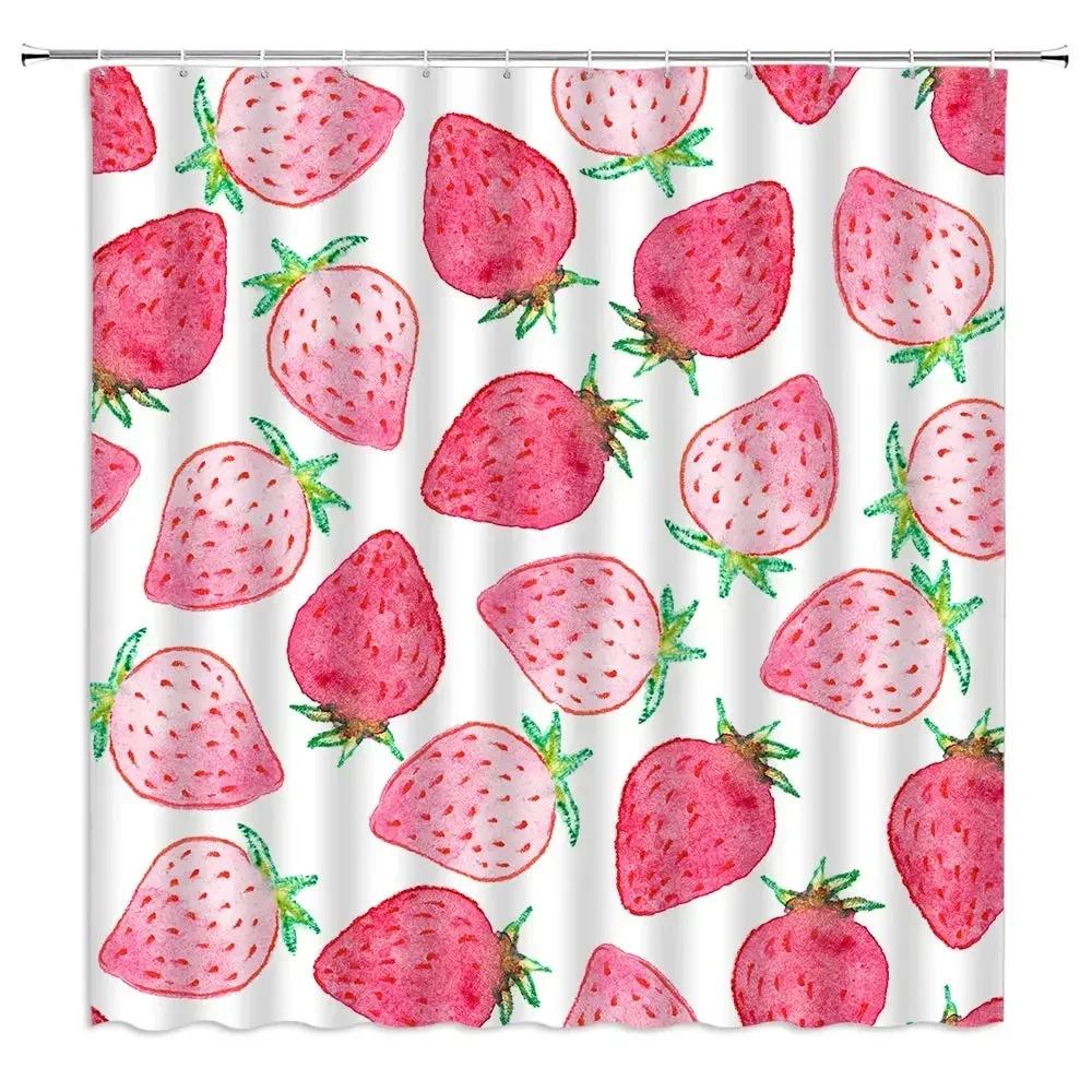 Rosa Erdbeere Duschvorhang für Badezimmer Aquarell Erdbeeren Frühling Sommer Früchte Dekor Stoff Badvorhänge mit Haken