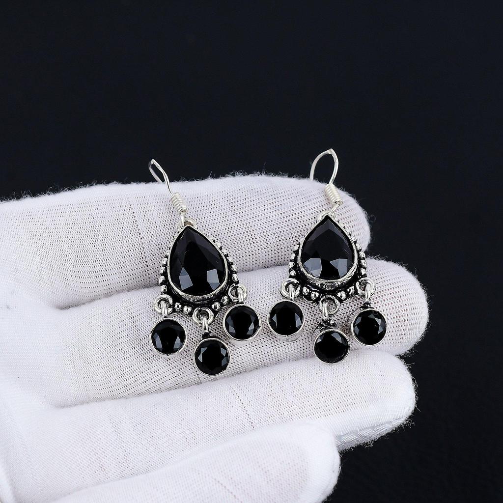 Schwarze Spinell-Ohrringe, Edelstein-Ohrringe, antike schwarze Spinell-Edelstein-Silber-Ohrringe, 925er massiver Silber-Edelstein-Schmuck, Edelstein-Ohrringe für Sie