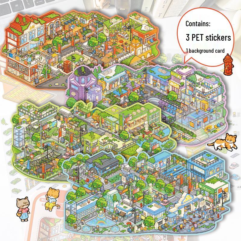 3D Cute Kitten Scenery Sticker: Enlarged Campus Guide