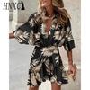 HNXC Dámská móda Léto Jaro Jednobarevný potisk 3/4 rukávy Neformální šaty s výstřihem do V a vysokým pasem
