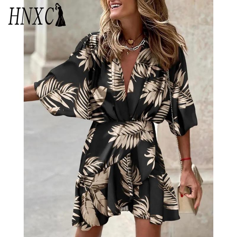 HNXC Dámská móda Léto Jaro Jednobarevný potisk 3/4 rukávy Neformální šaty s výstřihem do V a vysokým pasem