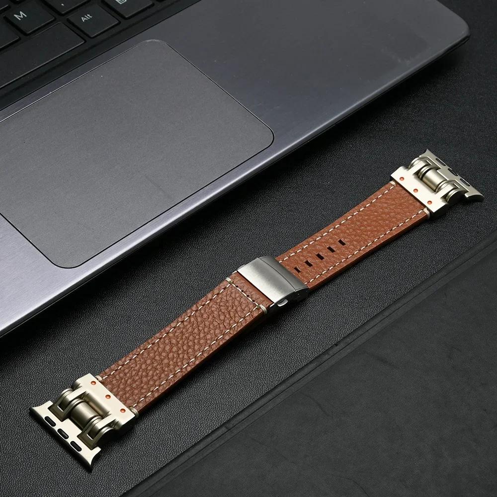 Leather Band for Apple Watch Ultra 3/2 49mm 46mm 45 44mm Luxury Bracelet Titanium Color Strap for iWatch Series 11 10 9 SE Loop