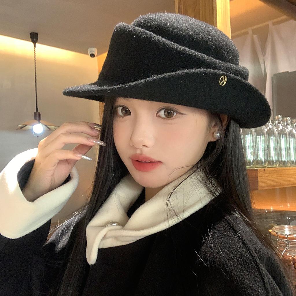 French Hepburn Style Elegant Woolen Hemming Thousand Gold Top Hat Children Autumn And Winter Retro Versatile Face Small Bucket Hat