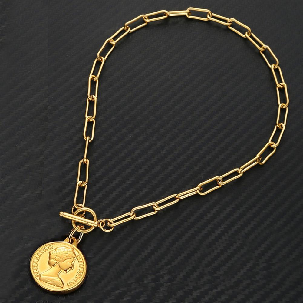 Minimalist Stainless Steel Paperclip Necklace with Round Lady Liberty Pendant & OT Clasp Choker