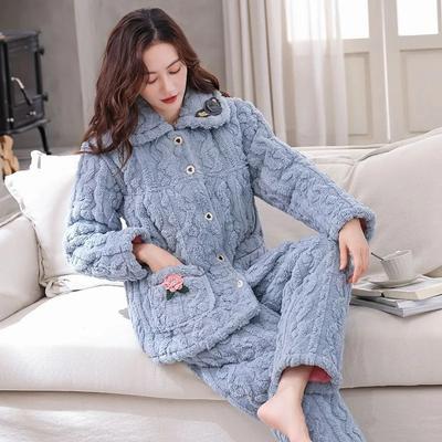 Pyjamas Women's Winter Coral Fleece Cotton Set  New Winter Plus Fat Plus Size Plus Thick Fleece Home Wear Embroidery Pocket
