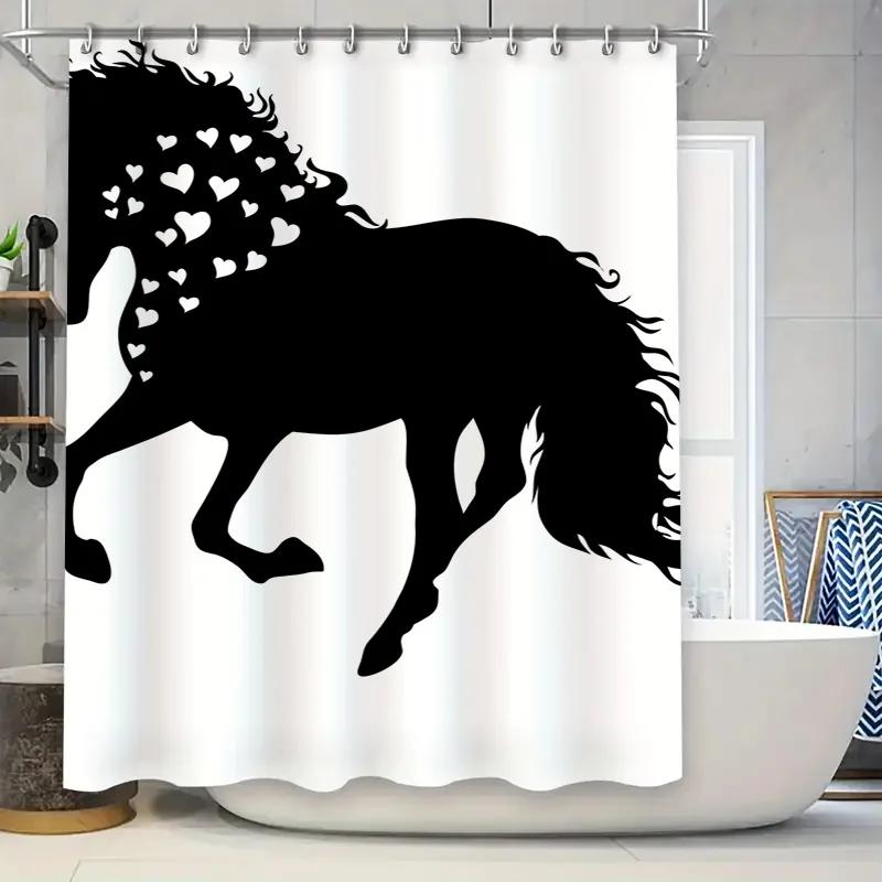 Horse Silhouette Shower Curtain: Romantic Love Hearts Print for Bathroom Decor White Black Waterproof Fabric Perfect Gift for He W90XH180cm