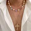 Ethnic Style Cross Pendant Necklace Heart Rhinestone Necklace Retro Men Necklace  Girls