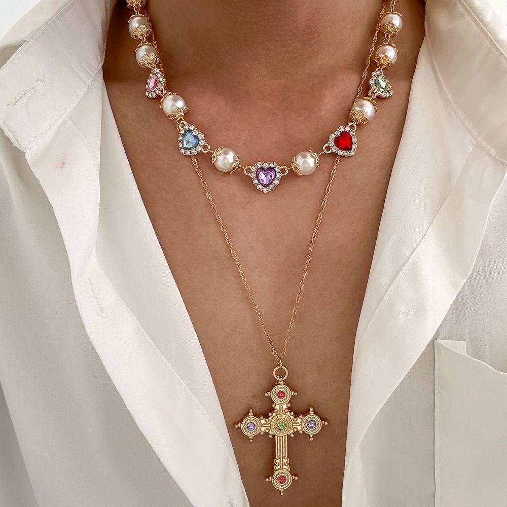 Ethnic Style Cross Pendant Necklace Heart Rhinestone Necklace Retro Men Necklace  Girls