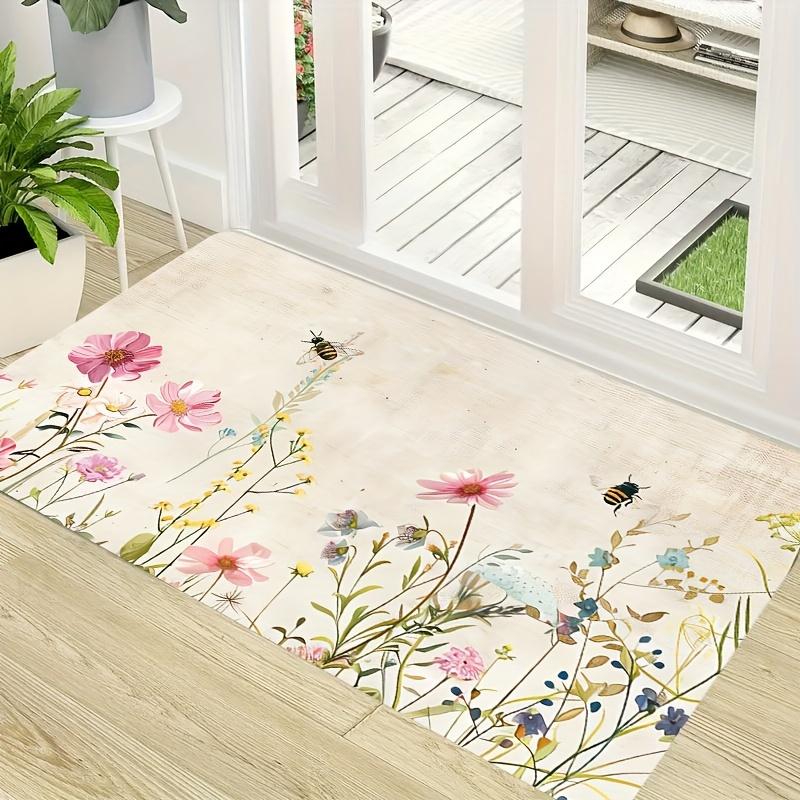 1Pcs Anti Fatigue Kitchen Rugs,Floral and Bee Print Waterproof Non-Slip Thick Cushioned Kitchen Mat Heavy Duty Comfort Standing Mat for Kitchen