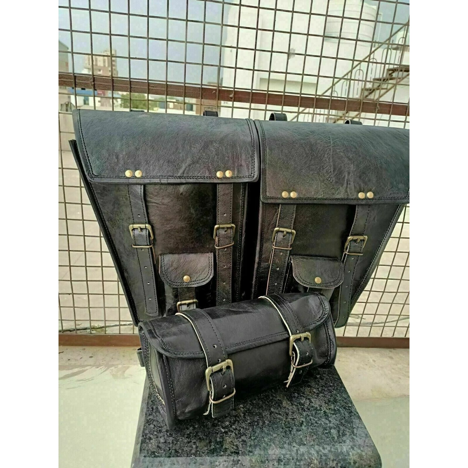 

3 Bag Leather Combo Motorcycle Saddle Pouch Tool Bags Panniers Luggage Side Bag