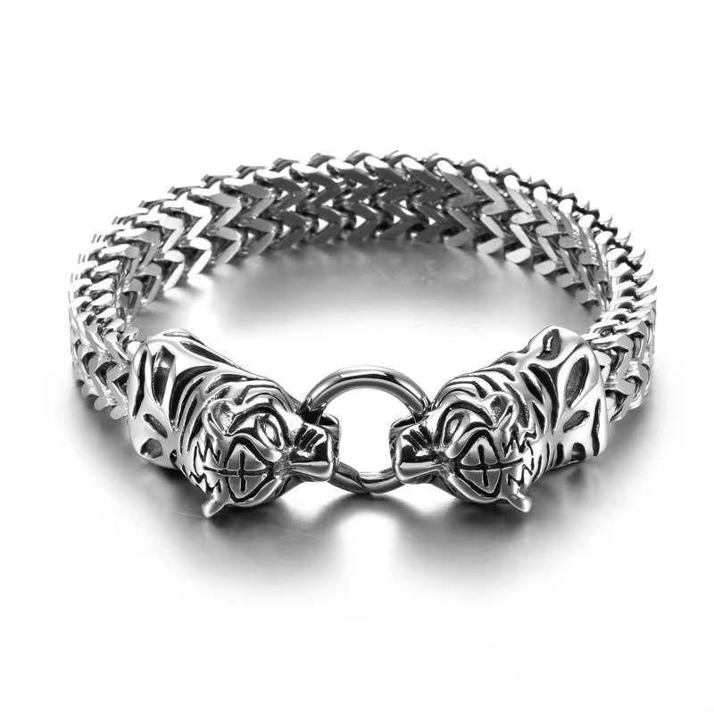 Viking Wolf Head Bracelet for Men Stainless Steel Chain Link Retro Handmade Jewelry Gift