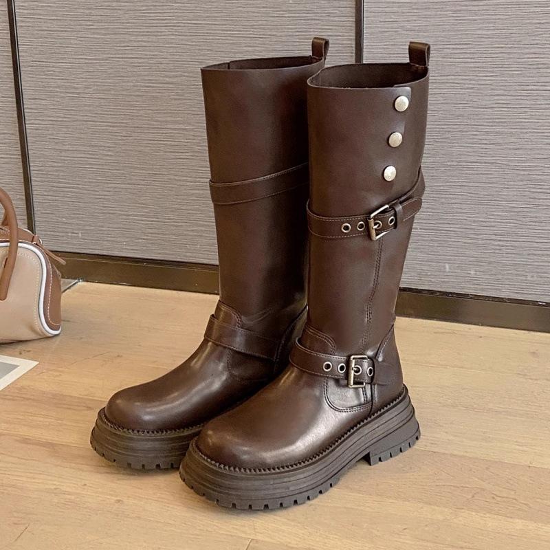 Black Retro British Style Thick Heel Platform Boots Women's 2025 Autumn and Winter New Boots Tall and Thin Knight Boots