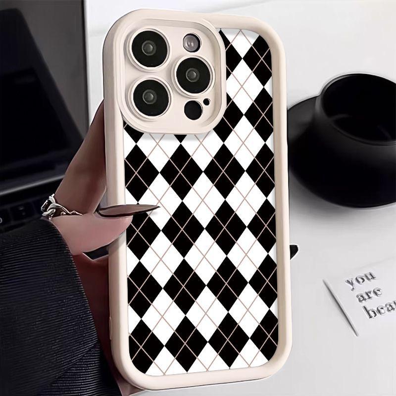 Checkered Silicone Soft Case for iPhone 12/13/14/15 Pro Max - Anti-Fall Protection