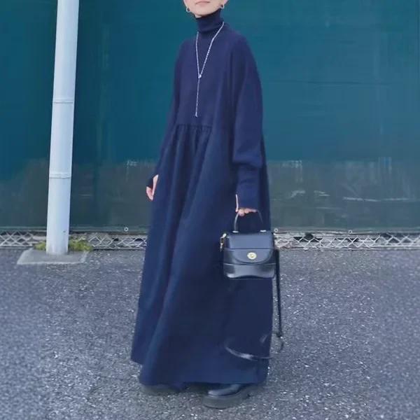 2024 Volné pletené šaty s vysokým límcem a patchworkem na podzim/zimu