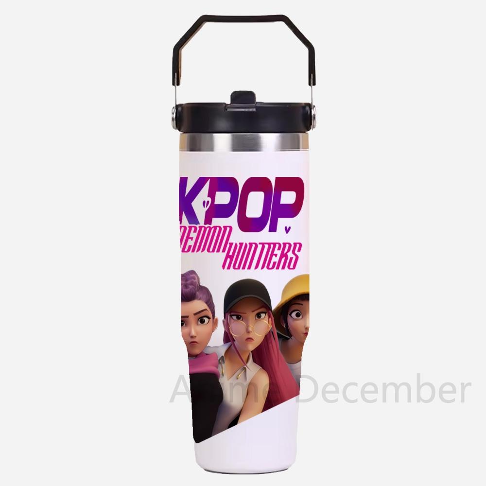 30Oz Anime K-Pop Large Capacity Portable Car Cup Stainless Steel Thermos Cup with Straw Handle Travel Sports Water Bottle Vacuum Flask