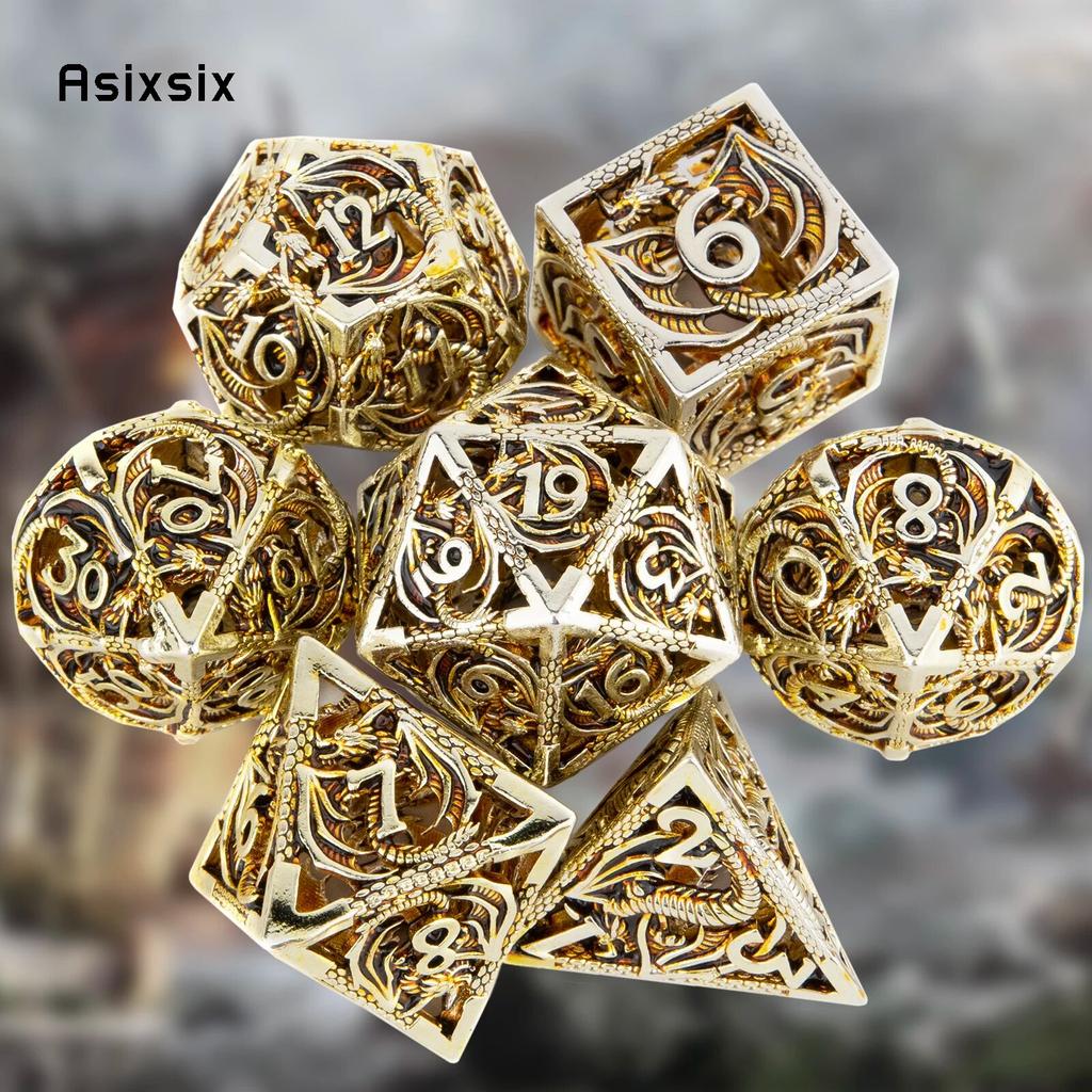 7 Pcs Light Golden Dragon Metal Dice Dragon Hollow Metal Polyhedral Dice Set Suitable for Role-Playing RPG  Board Game Card Game