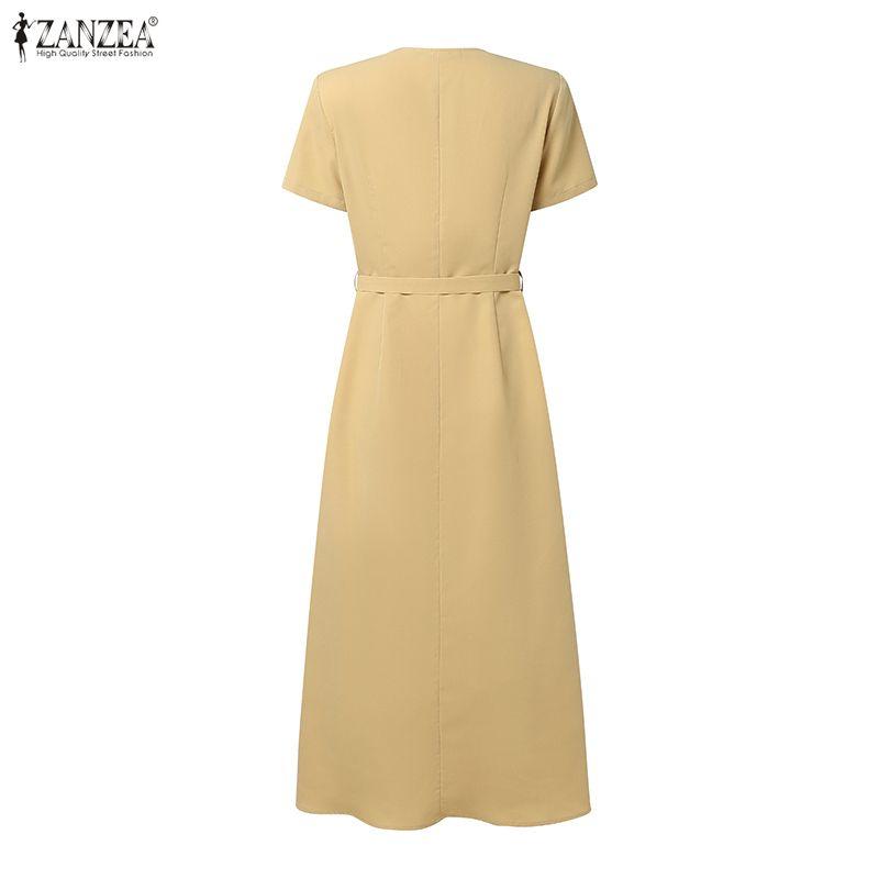 ZANZEA Women Square Collar Casual Short Sleeve Elegant Long Dress