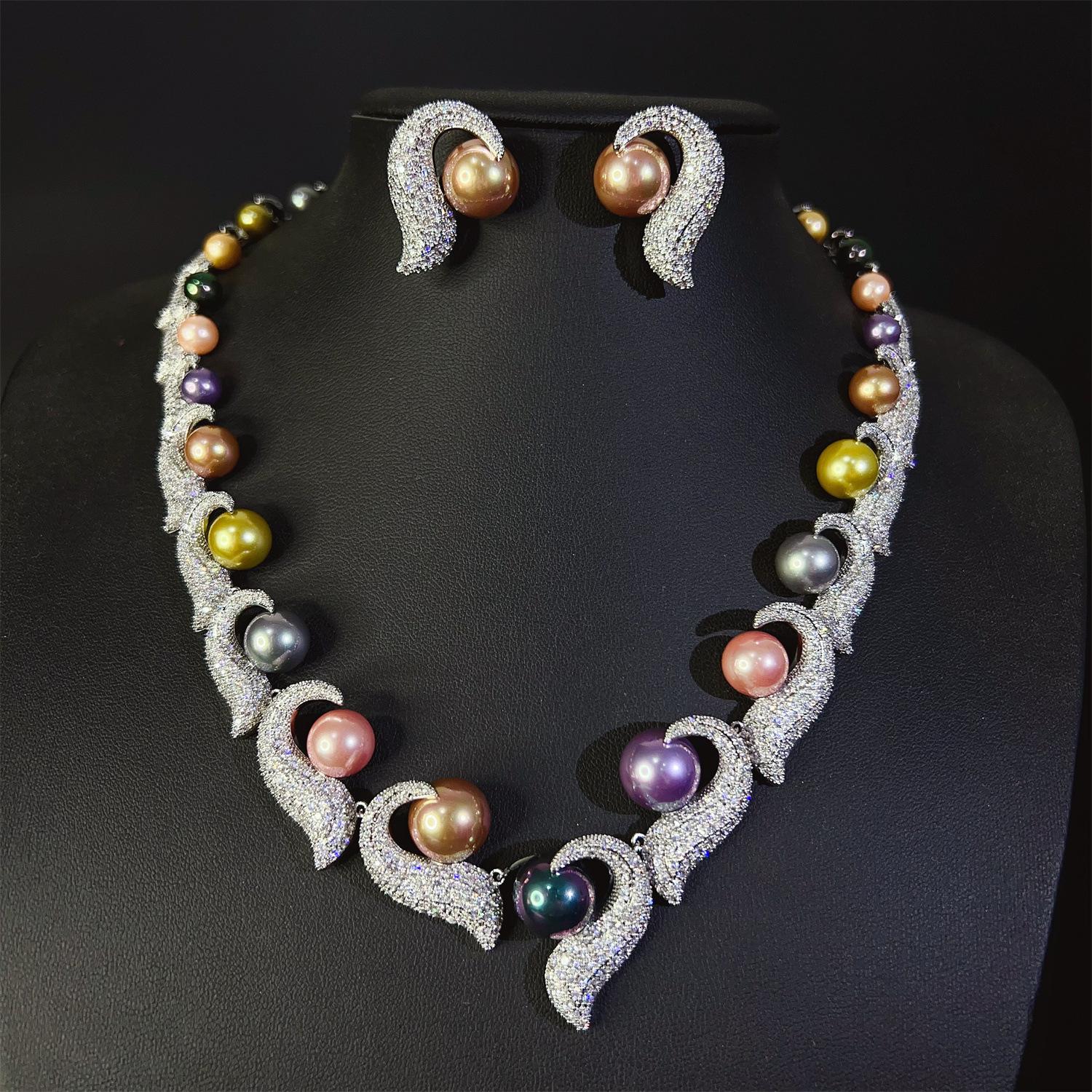 

Classic Sparkling Unique Ladies Jewellery Multi Colour Pearl Necklace Earrings 2 Pcs Banquet Prom Daily Party Event Bridal M-521 resizable