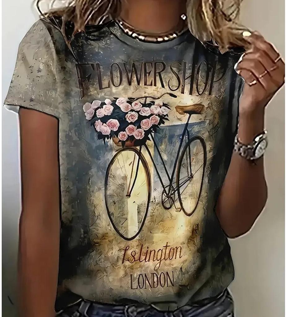 XXS-6XL Plus Size T-shirt for Women's Summer Fashion Beautiful Flowers Printed Casual Short Sleeved Crew Neck Tops Tees Clothing
