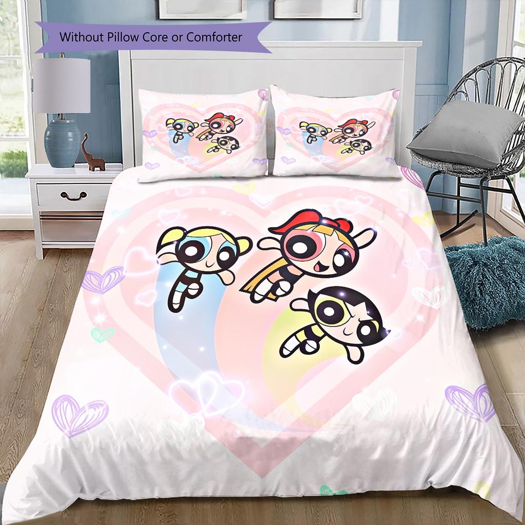 Růžové povlečení Powerpuff Girls, 1 povlak na přikrývku & 2 povlaky na polštář, Styl Sweet Home, Ideální dárek pro fanoušky