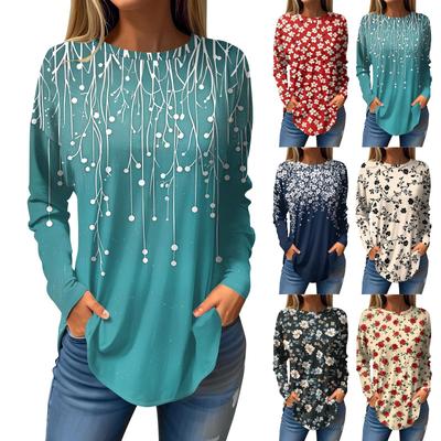 Camiseta holgada de manga larga con cuello redondo y estampado para mujer