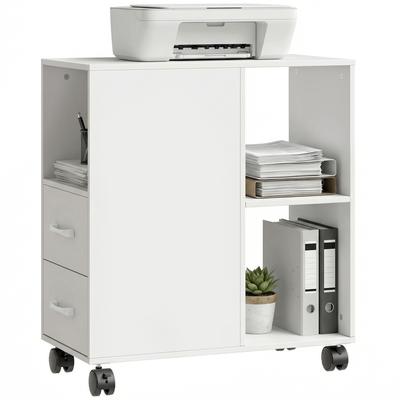 Narrow Mobile Printer Table with Wheels, Rolling Printer Stand with Drawers for Home Office, 30 X 60 X 65 Cm, White