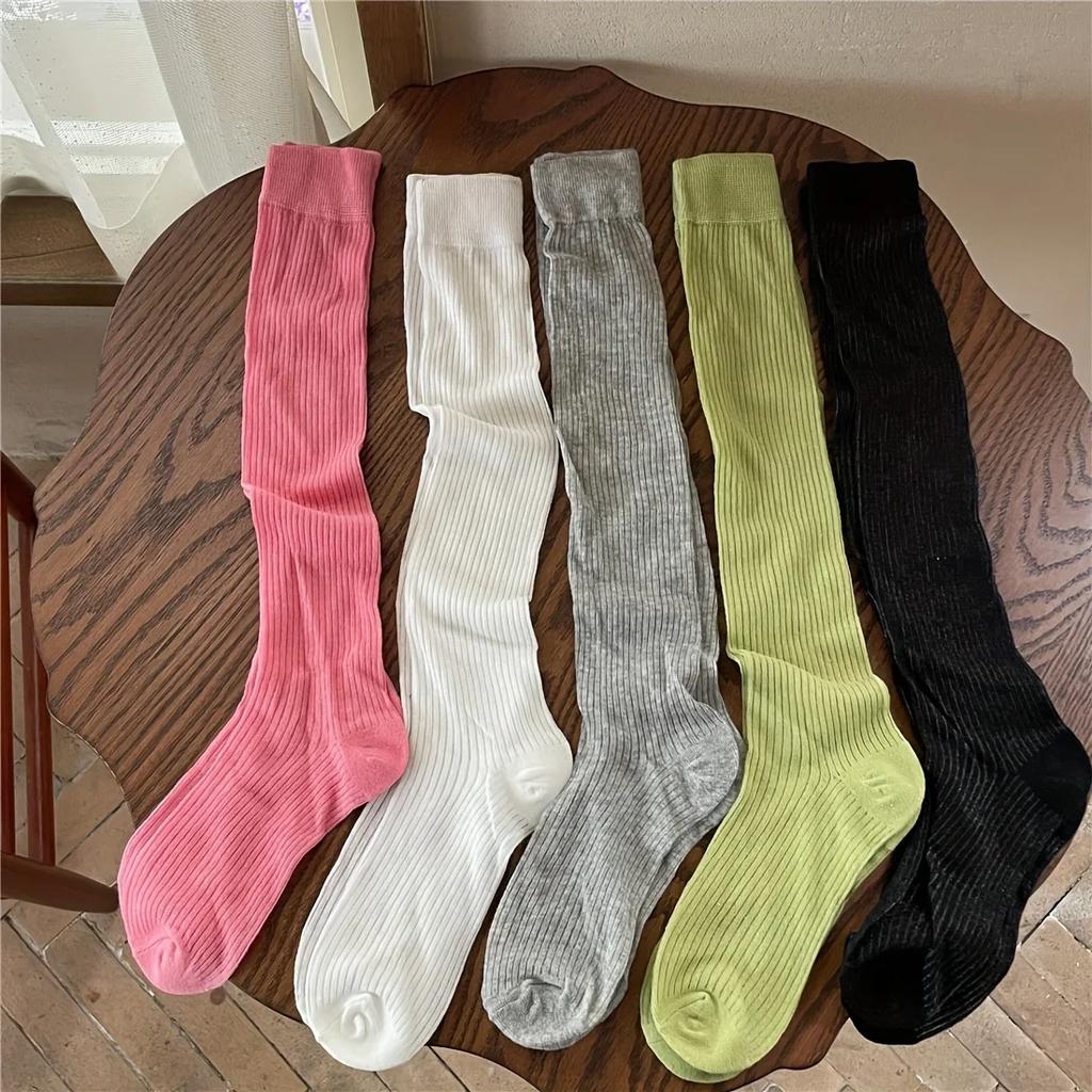 Women Stacking Socks Soild Color Thin Calf Long Socks Summer Autumn Vertical Stripe Stockings Ins Style Korean Y2k Cotton