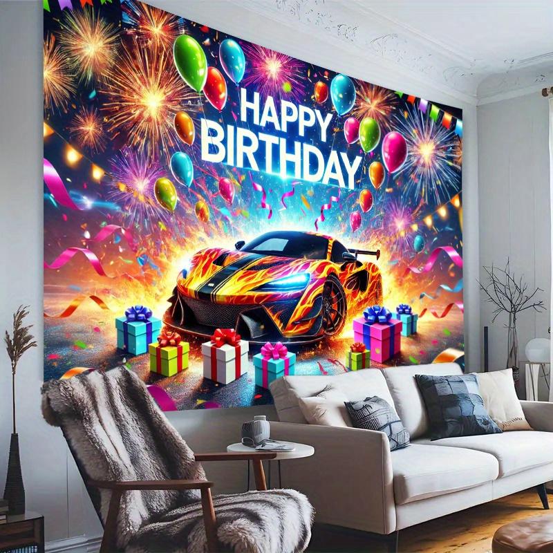 1pc Vibrant sports car birthday party background - polyester banners, fireworks, balloons and gifts, indoor/outdoor decorations