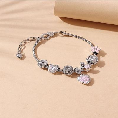 Handmade Beaded Heart Petal Bracelet Enamel Alloy Swan Charm Floral Jewelry Gift for Her
