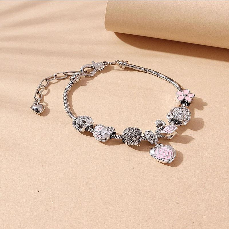 Handgefertigtes Perlen-Herz-Blütenblatt-Armband Emaille-Legierung Schwanen-Anhänger Blumenschmuck Geschenk für Sie
