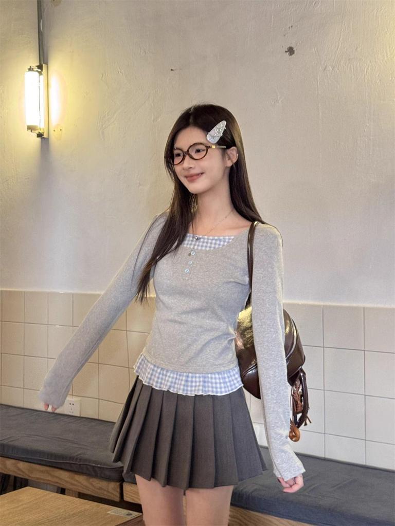 Gray Two-Piece Style Long Sleeve Shoulder Stitch T-Shirt - Women's Slim Fit Short Top for Spring